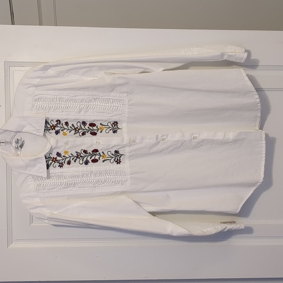 Bill Blass Floral Embroidery Tuxedo White Shirt Cotton 10 Medium Fall Florals - Picture 2 of 3